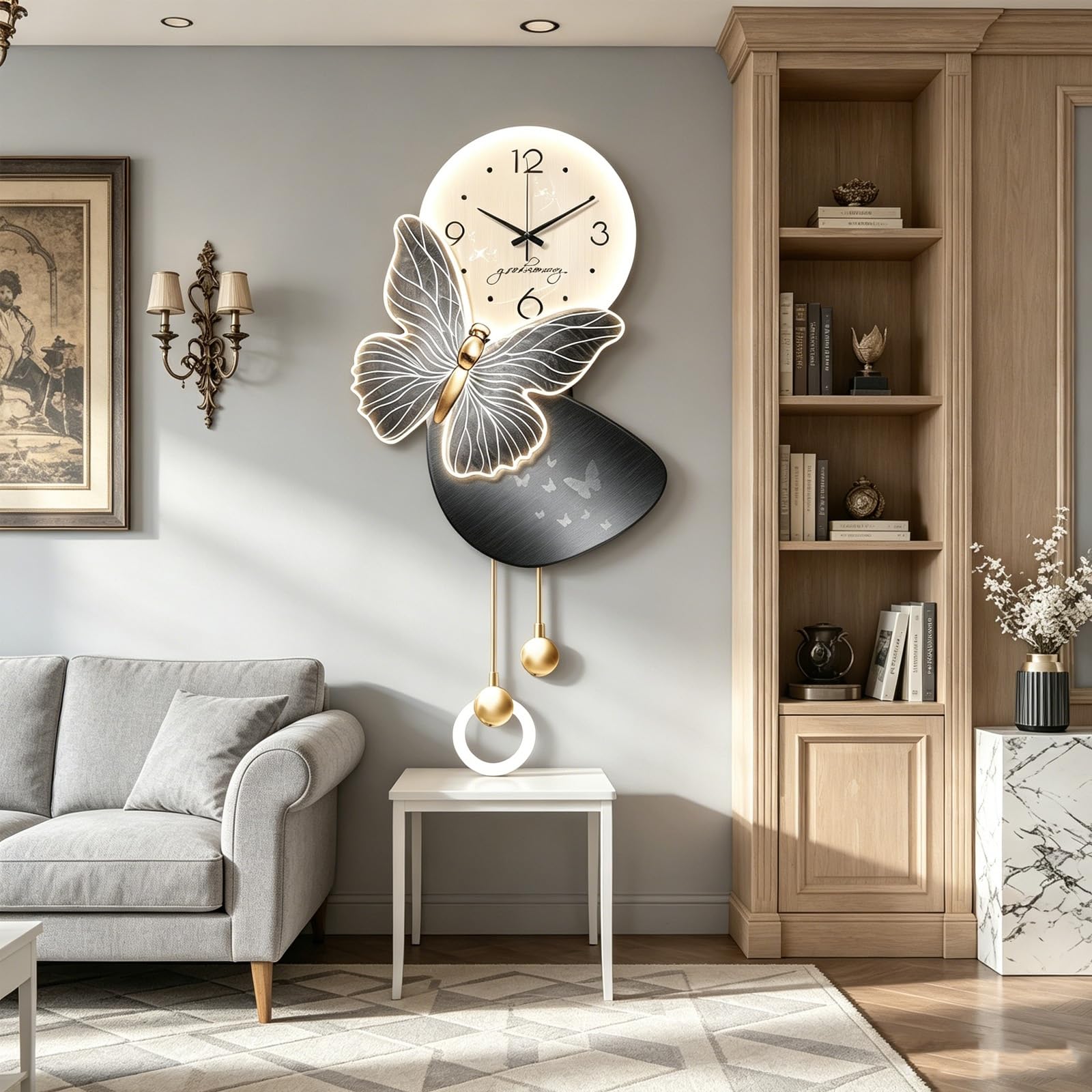 EBOYNSowAprr 3D Arte de pared 3D con LED Reloj Mural LED para Salón | Escultura Mural Mariposa Moderna con Reloj Colgante Silencioso & Luz Regulable con Mando a Distancia(B,27.6x38.6in)