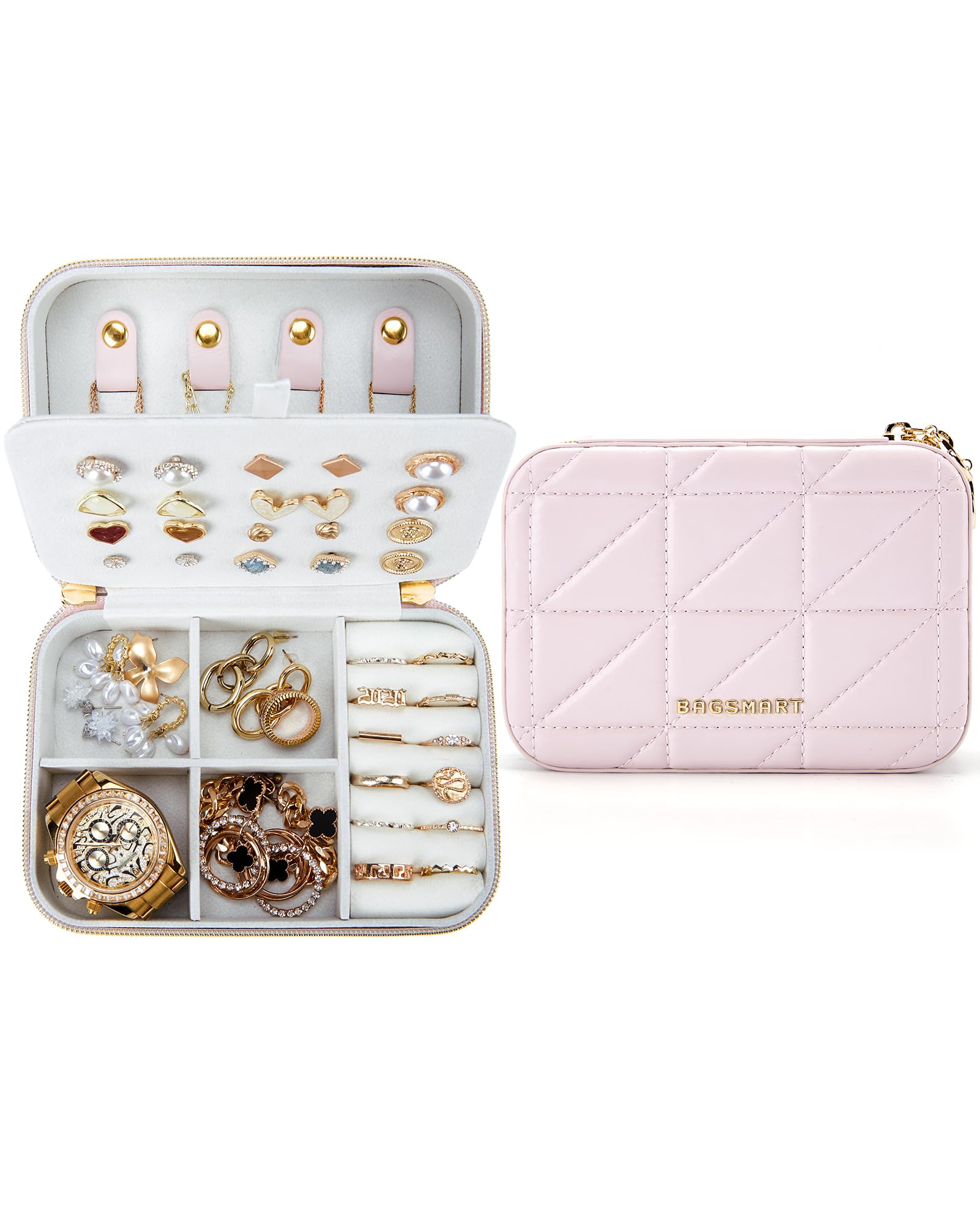 BAGSMART Joyero de viaje, pequeño organizador de joyas de piel sintética, estuche portátil de doble capa para collares, anillos, a
