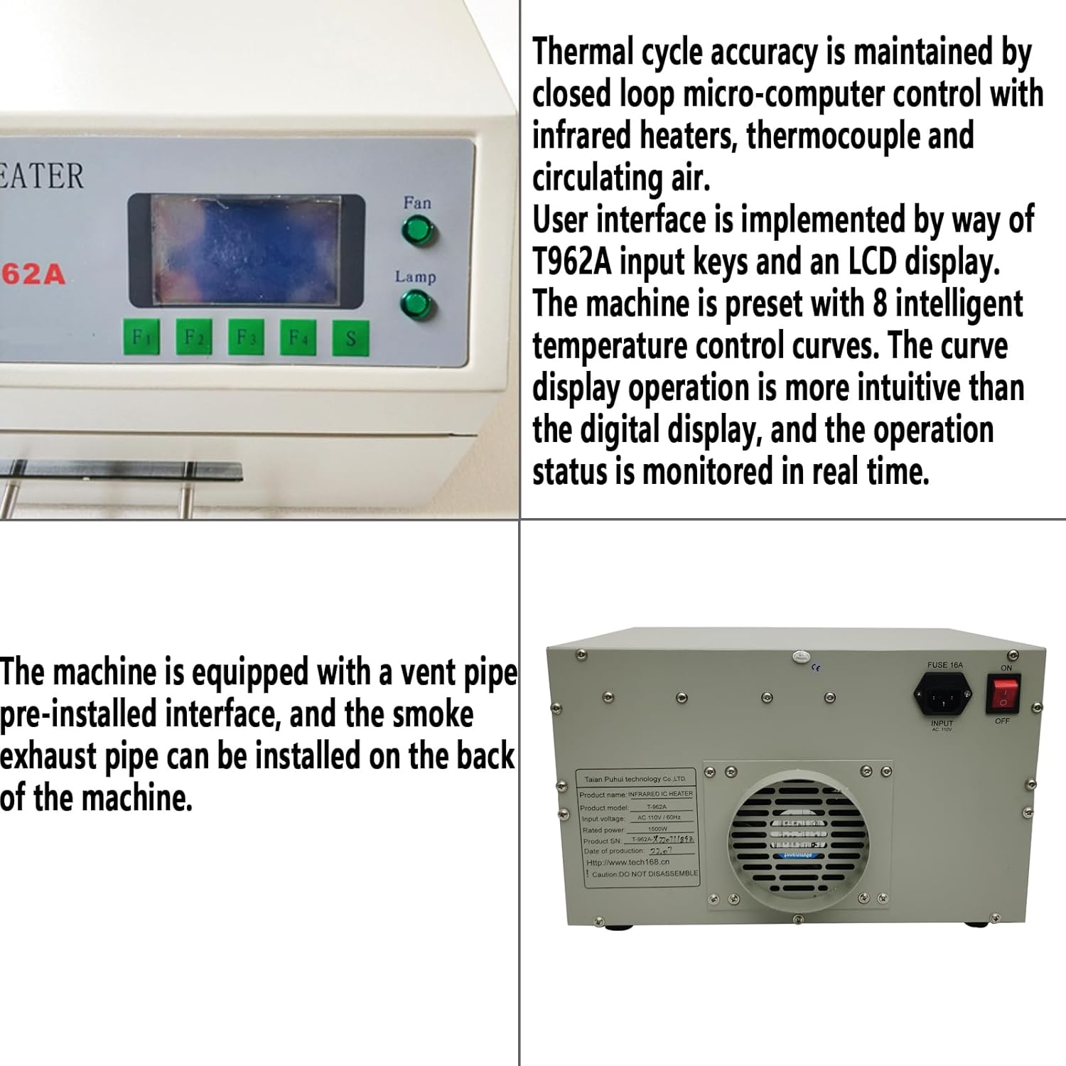 SMT Intelligent Reflow Oven T-962A Reflow Soldering Machine Infrared Reflow Oven Effective Soldering Max Area 11.8 x 12.6 inch 110V 1500W