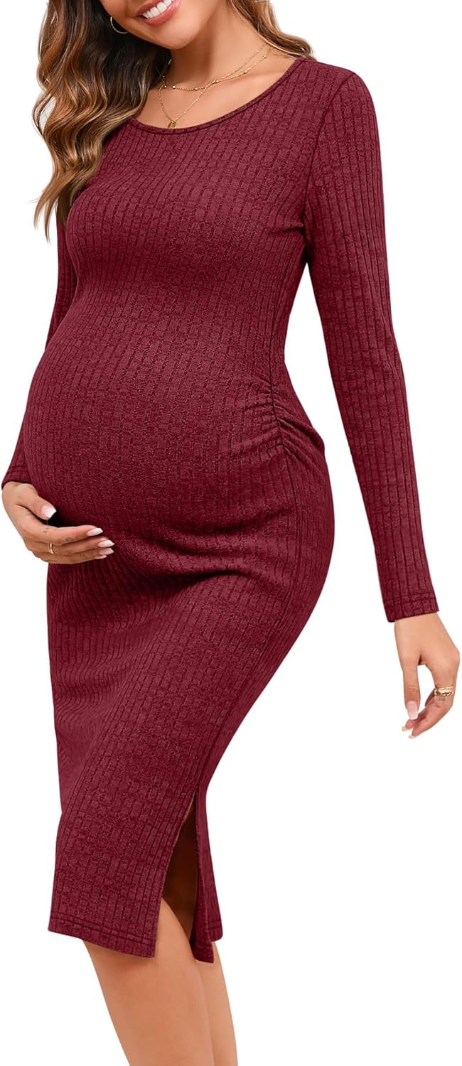 Ficerd Women's Ribbed Knit Maternity Dresses Long Sleeve Pregnancy Bodycon Dress 2025 Split Stretchy Clothes for Baby Shower