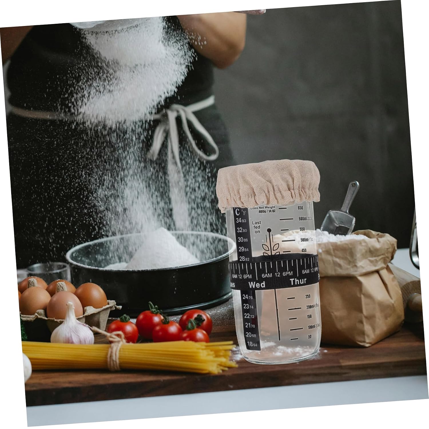 1set Sourdough Starter Jar Accessory Kit Cloth Cover Temperature Strip and Date Bands Essential Fermentation Tools for Home Baking and Bread Making