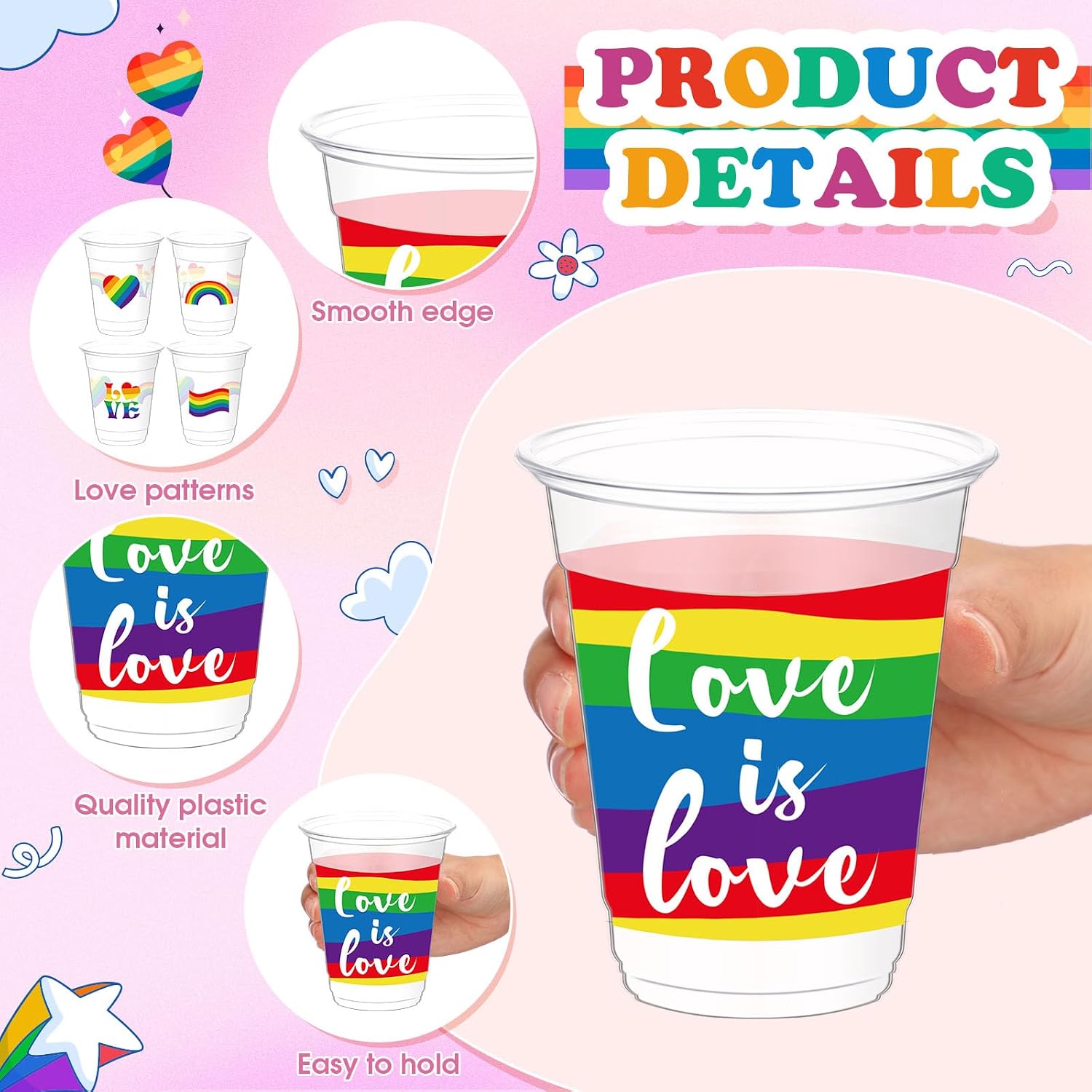 Yaomiao 50 Pieces Pride Party Cups Bulk 12 oz Rainbow Plastic Cups Love Is Love LGBT Clear Disposable Cups Gay Drinking Beverage Cups for LGBTQ Lesbian Bisexual Gay Pride Party Decoration Supplies