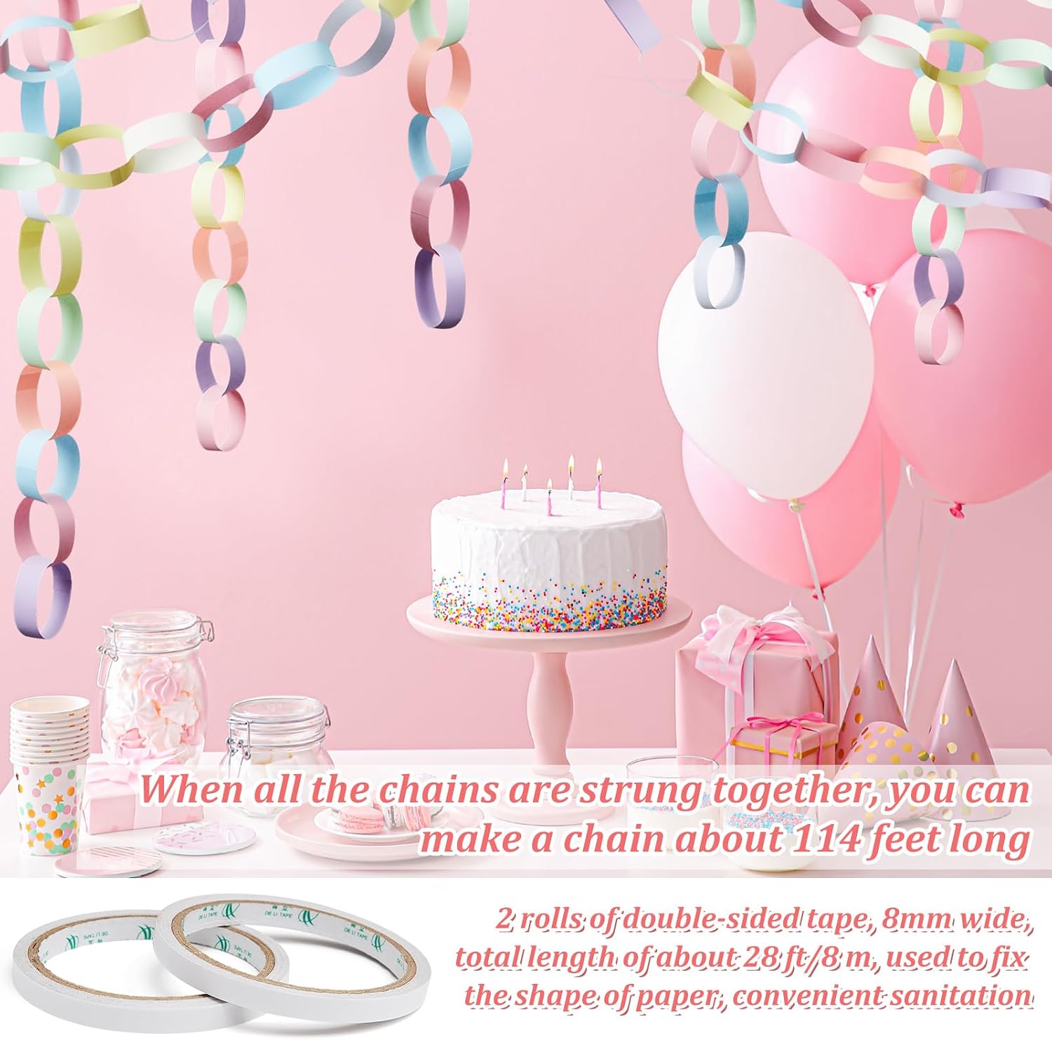 Nezyo 240 Sheets Paper Chain Strips Construction Bright Paper Strips About 46 Feet in Total Length 1 x 8 Inch with 1 Roll Double Sided Tape for Crafting DIY Home Party Decoration(Macaron Colors)