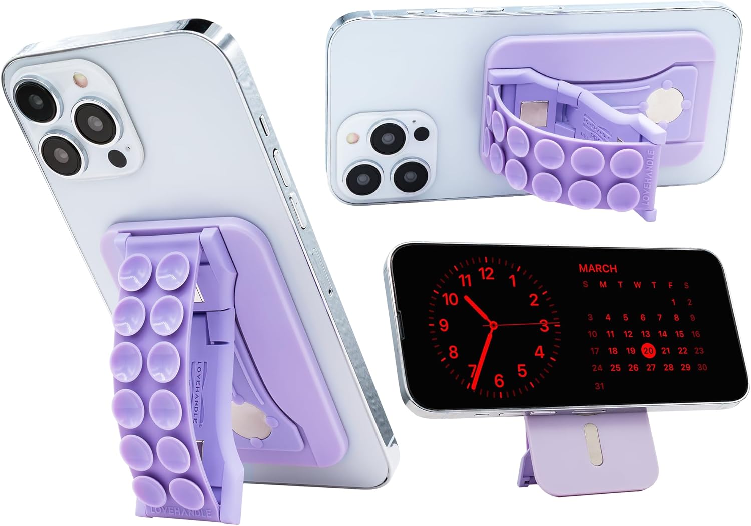 LoveHandle PRO MagSafe Compatible Magnetic Suction Phone Grip w/Kickstand - Mount, Suction Strap and Stand for Smartphone and Tablet - MagSafe Ring Included - Fits All Devices - Lavender Suction