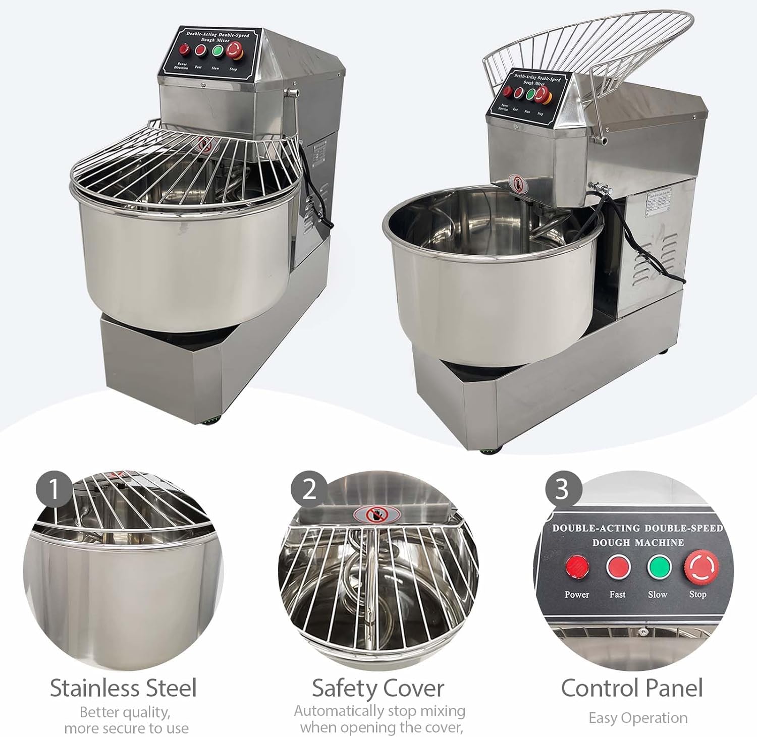 40QT Commercial Dough Mixer, 1800W Electric Dough Flour Kneading Machine, Bread Kneader Professional Stainless Steel Stand Mixer, Dual Action and Dual Speed, for Bakeries Pizzerias