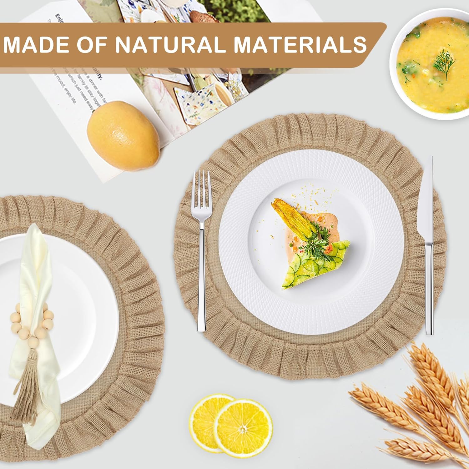 48PCS Round Burlap Placemats 15" Natural Place Mats with Wood Bead Napkin & Rings Dinner Napkins Cloth Boho Jute Table Mats Heat Resistant Placemats for Dining Table Wedding Farmhouse Decor