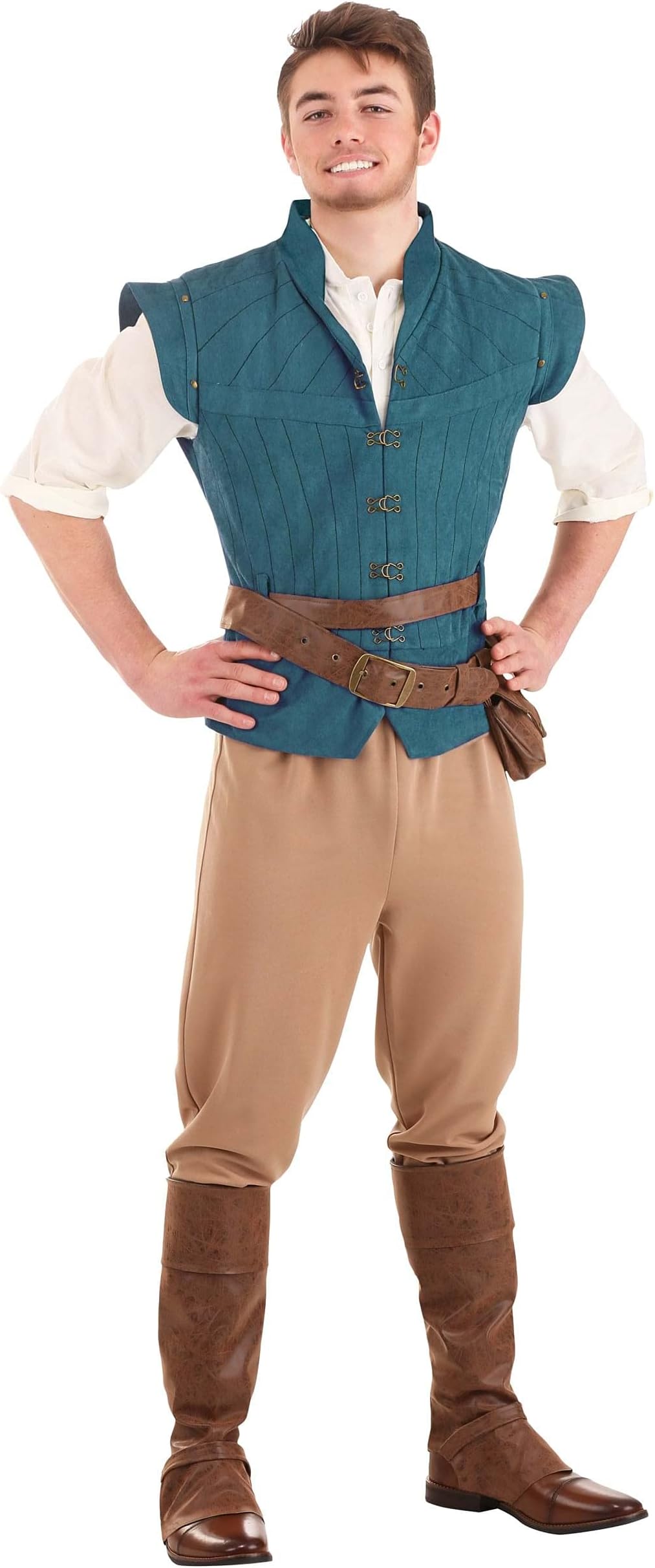 Adult Disney's Tangled Flynn Rider Halloween Costume for Men | Official Blue & Tan Hero Explorer Outfit with Vest, Shirt.