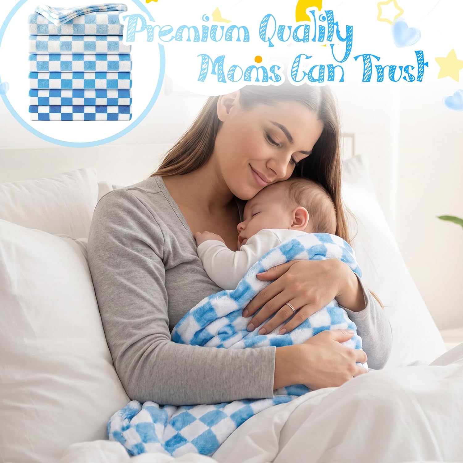 Fanfanwin 6 Pcs 30'' x 40'' Checkered Baby Blankets for Boys Fleece Ultra Cozy Soft Infant Toddler Newborn Receiving Blankets for Crib Stroller, Blue