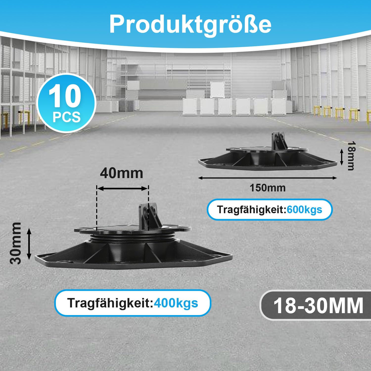 50 x Stelzlager Höhenausgleich 18-140 mm Höhe wählbar Stellfüße justierbarer Plattenlager Terrassenlager für Terrassendielen-Unterkonstruktion Holz WPC, Größe:18-30 mm