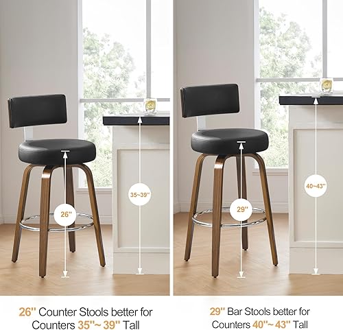 Miniatura 6 de Bekrvio Swivel Counter Height Bar Stools Set of 3, Faux Leather Kitchen Stools Upholstered Barstools with Back, Walnut Wood Legs, Mid Century Island