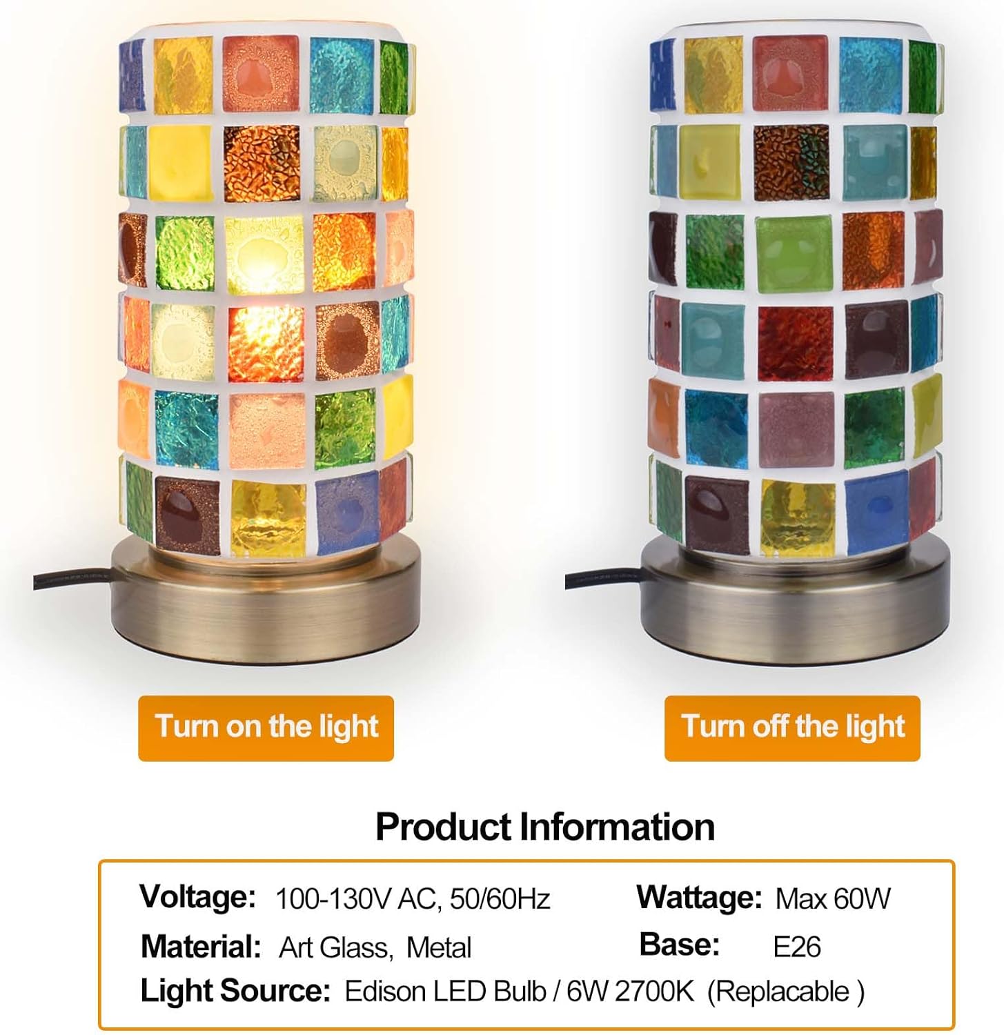 Mosaic Stained Glass Table Lamp for Bedroom Bedside, Bohemian Turkish Small Nightstand Lamp Night Light, Metal Base Round Colored Glass Shade Desk Lamp for Living Room Restaurant Bar (Bulb Included)
