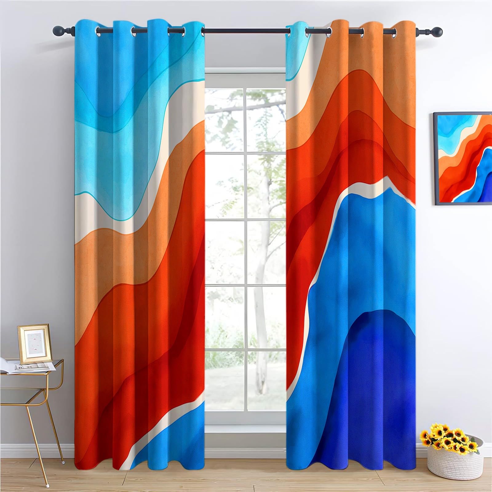 CozyRest Kids Curtains Eyelet Thermal Insulated 100% Blackout Curtains Watercolor Wavy Lines Minimalism Pattern Ring Top Darkening Drapes for Bedroom Living Room 66 x 72 inch Drop 2 Panels