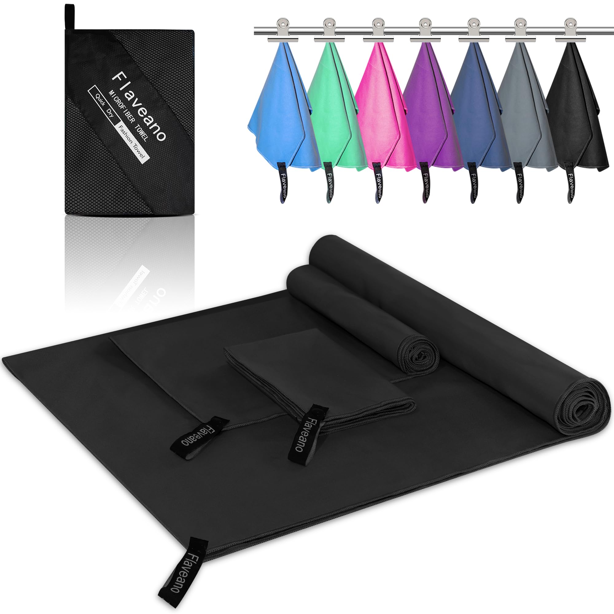 Flaveano Microfibre Towel, Travel Towel Set of 3 (180x90cm, 80x40cm, 50x30cm), Quick Drying for Camping, Swimming, Beach, Gym and Hiking - Pure Black โ image 1