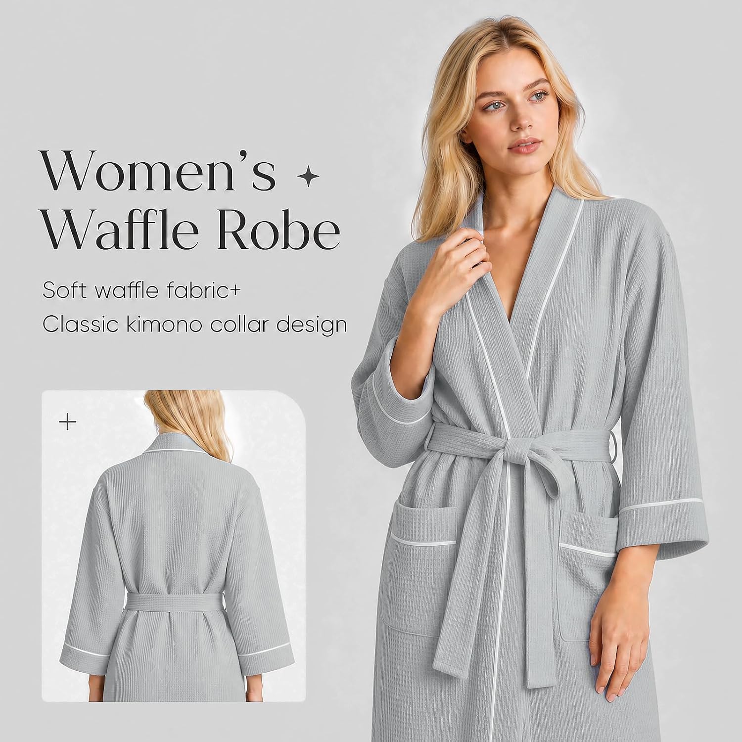 Inner Wish Women's Cotton Waffle Kimono Robe, Lightweight Quick Dry Spa Shower Robe with Pockets