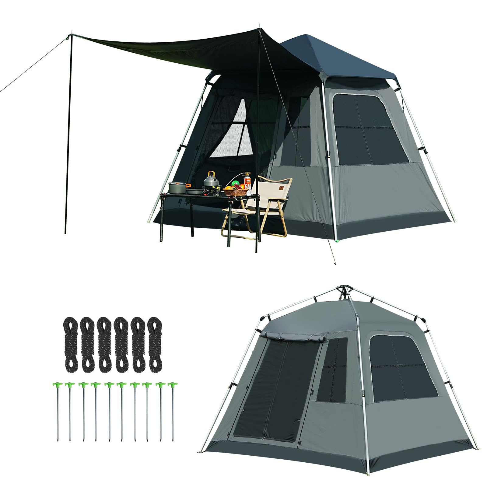 Instant Pop-Up Camping Tent with Removable Sunshade - 3-4 Person Dome Tent with UV Protection & Ventilation, Waterproof Windproof for Beach, Hiking, Outdoor. (Gray)