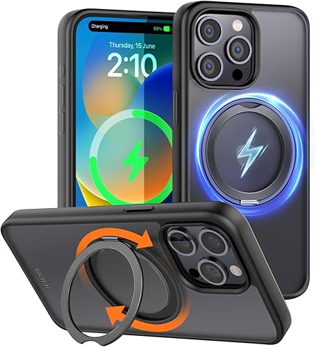 SODI Funda magnética para iPhone 15 Pro Max con soporte invisible de aleación, soporte de anillo giratorio de 360, compatible con Mag-Safe, a prueba