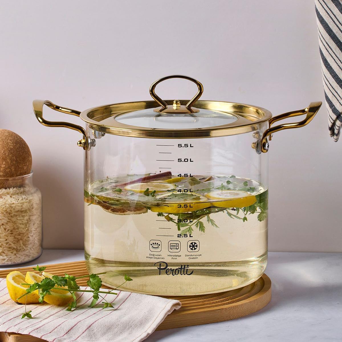 Perotti Logan Gold Kapaklı 5,5 L Cam Tencere 20x20 cm