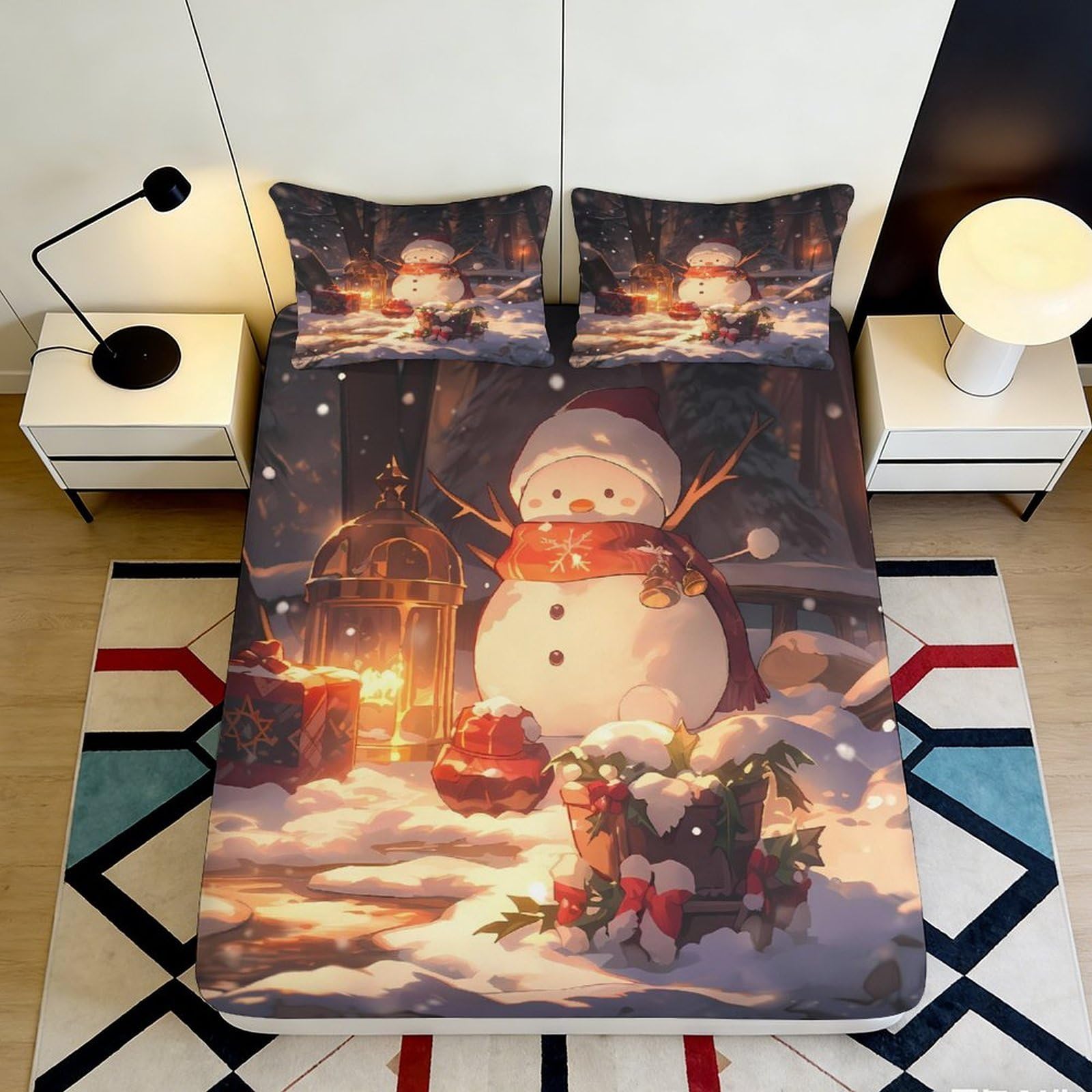 3D Printed Snow Scene Fitted Sheet Microfiber Deep Pocket Non-Slip Snowman Mattress Fitted Cover for Bedroom Adults Teens 200x200x25cm 90x200x25cm