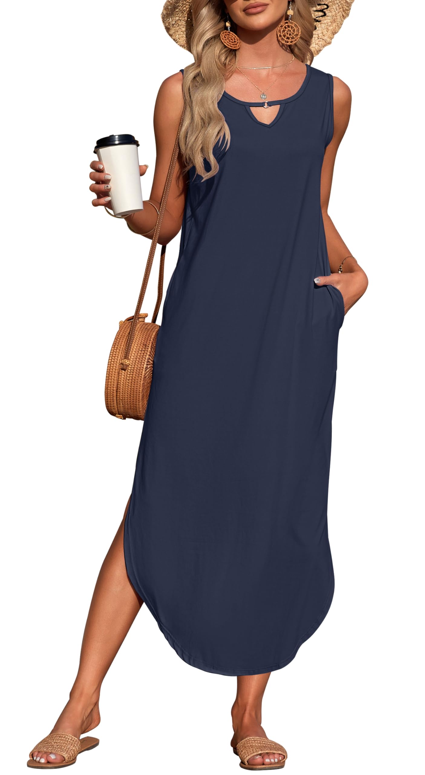 AUSELILY Robe Longue Maxi sans Manches d'été pour Femme,Fendue avec Poche | Col Rond découpé,Sans Manches,Fentes Latérales,Coupe Maxi Ample,Poches Latérales,Tissu Doux Extensible,Robe de Plage