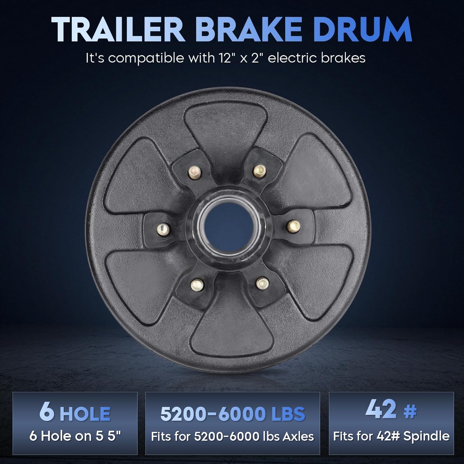 SEHNSUCHT Trailer Brake Drum Kit, 6 Hole on 5.5 Bolt Circle Brake Drum for 5200 lbs 6000 lbs Axles, Replacement 12 Brake Hub Drum Assembly for Rvs, Trailer, and Semi Truck