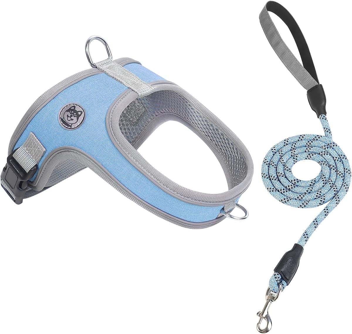 Dog Harness and Leash Set, No Pull Saddle Style Pet Harness, Breathable Mesh Adjustable Reflective Dog Vest for Medium Small Dogs Harness 2 D-Rings, Blue, L