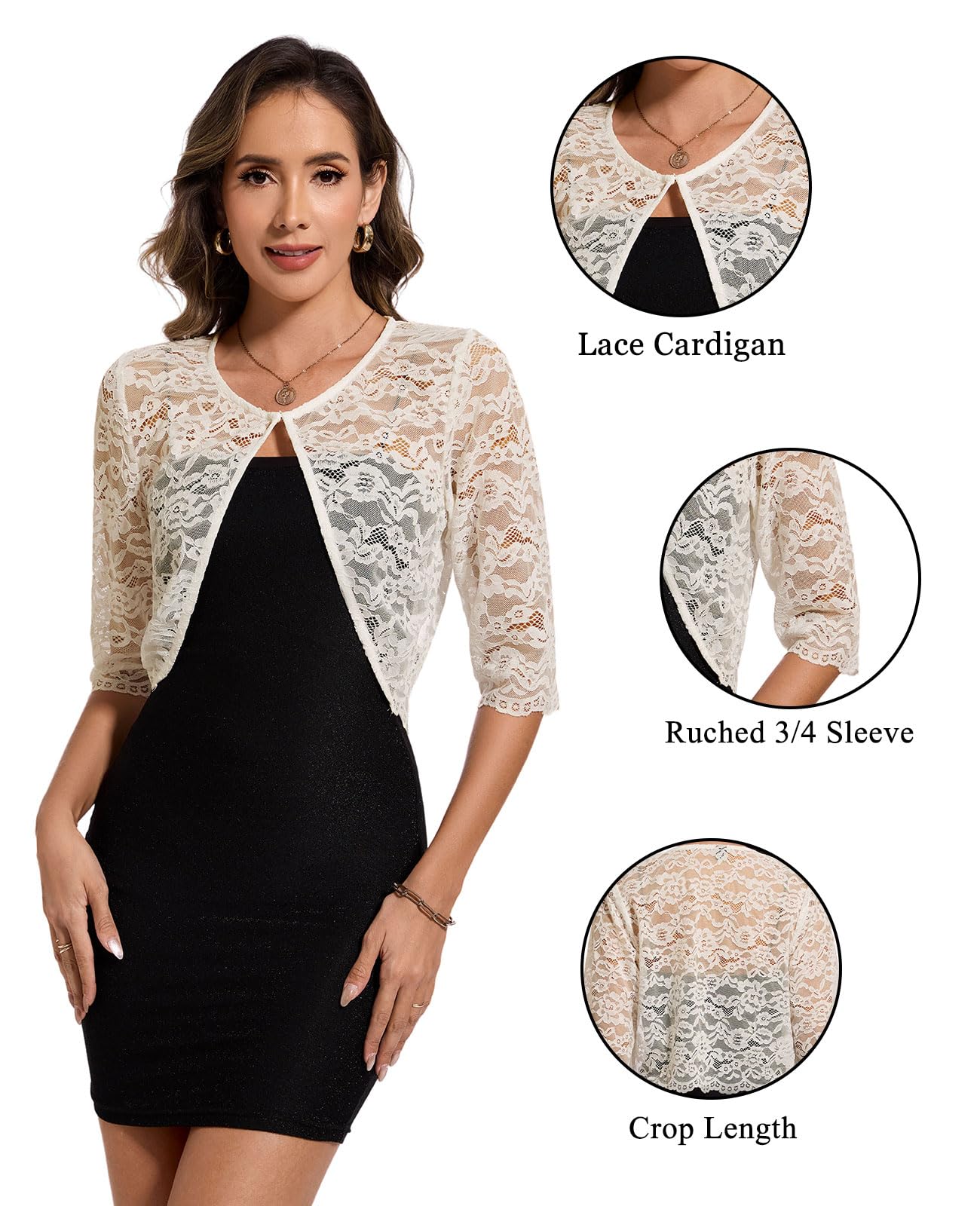 Bolero in pizzo con maniche a 3/4, coprispalle da donna, cardigan coprispalle elegante per matrimoni con bottone a gancio