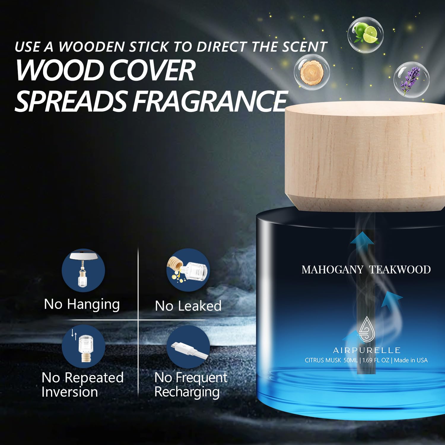 Ambientador de coche para hombres y mujeres – Difusor de aceite esencial de madera de teca de caoba de larga duración para portavasos de coche – Difusor de aroma de coche de 50 ml, inspirado en el