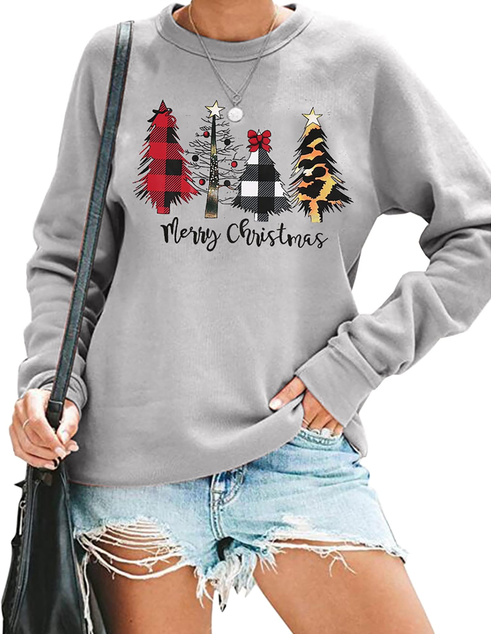 KIDDAD Merry Christmas Sweatshirt Shirt for Women Christmas Leopard Tree Graphic Long Sleeve Tees Blouse Pullover