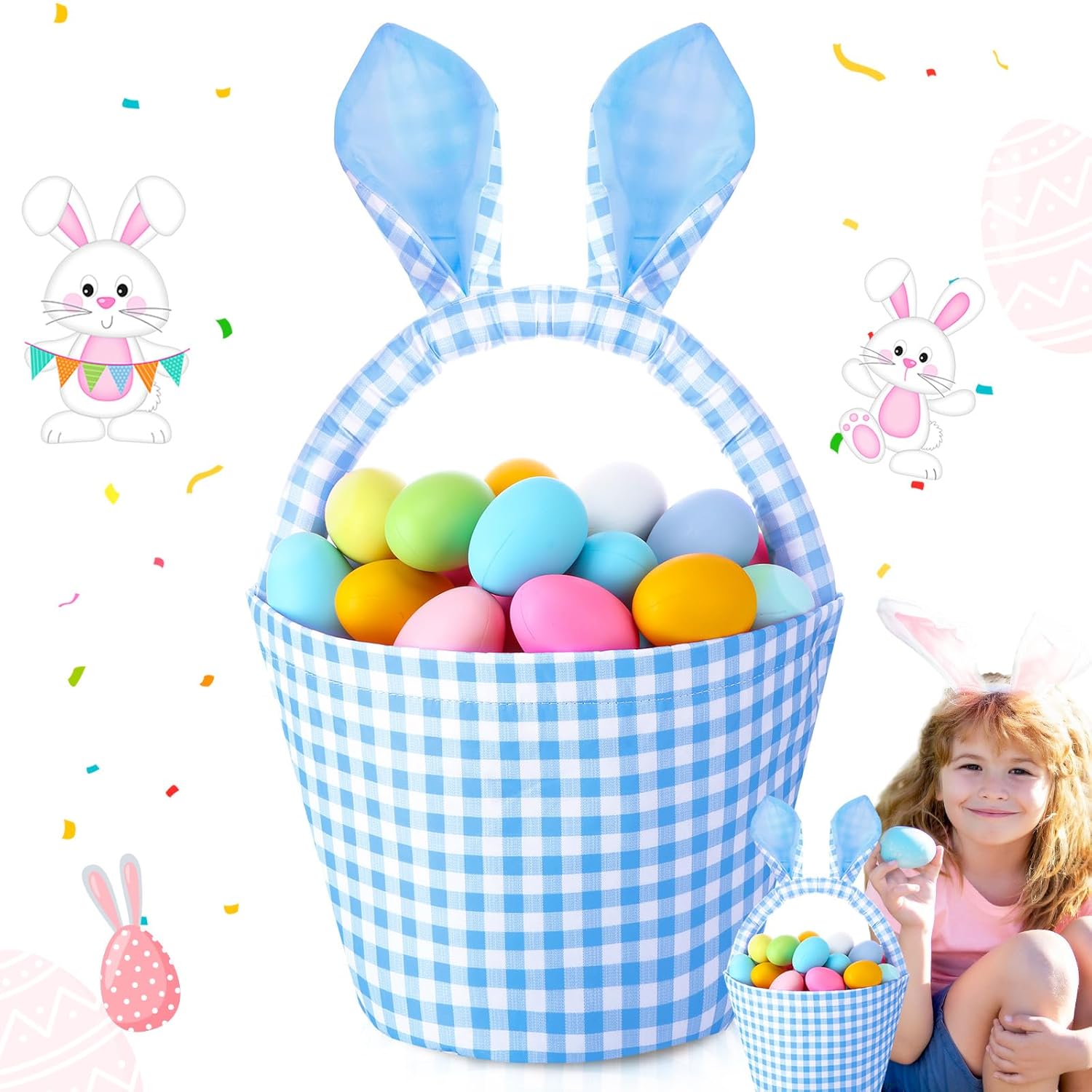 DoubleFill 1 Piece Easter Bunny Basket Bags for Boys Girls with Cute Rabbit Ears 2026 New, Safety and No Odor Bucket Storage Gifts for Easter Egg Hunts Decorations Candy Gifts Storage (Blue)