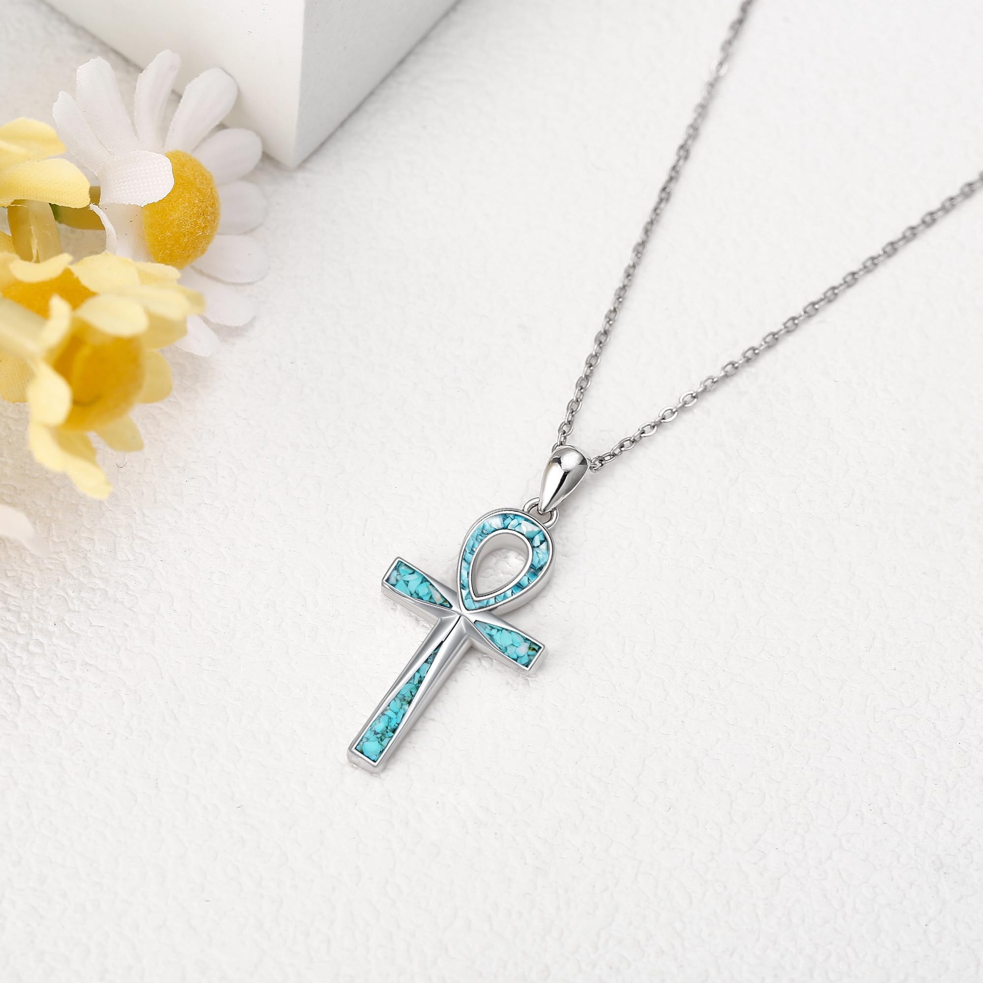 ONEFINITY Ankh Kreuz Kette Sterling Silber Türkis Ägyptisches Kreuz Anhänger Halskette Religiöser Schmuck Geschenke für Damen Herren