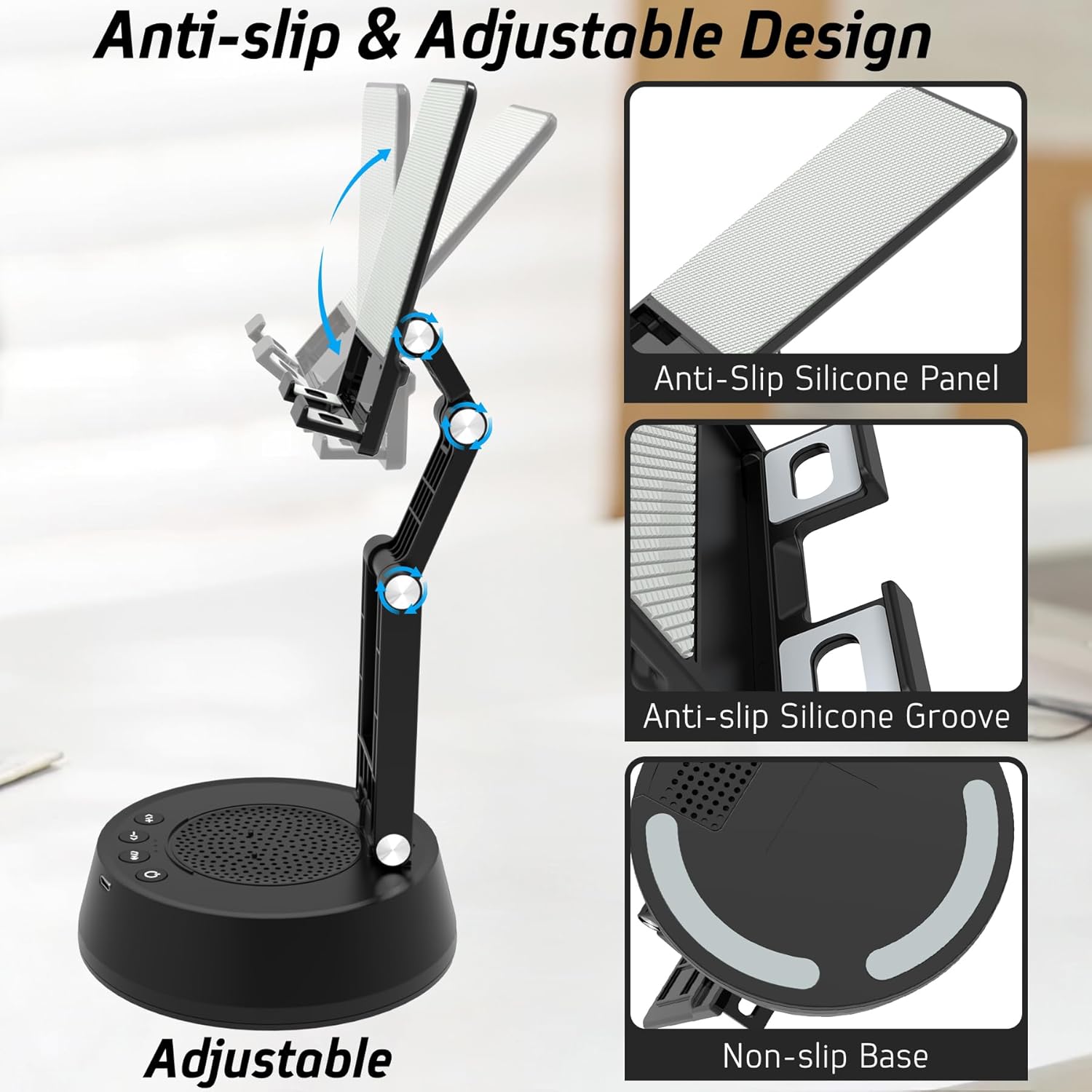 Cell Phone Stand with Wireless Bluetooth Speaker,Adjustable Height and Angle Phone Stand for Desk, HD Stereo Sound & Anti-Slip Base Phone Holder Speaker Compatible with iPhone,Gifts for Men Women