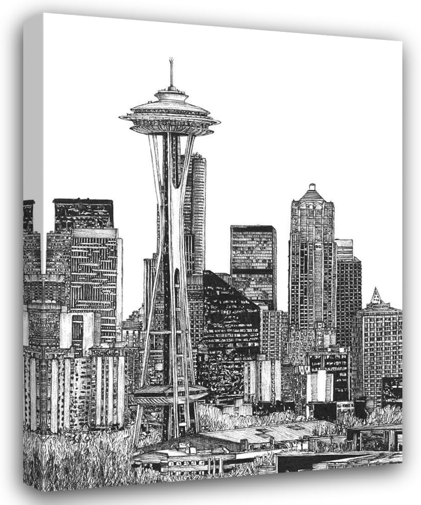 Wang, Melissa 20x24 Black Modern Framed and Double Matted Museum Art Print Titled BandW Us Cityscape-Seattle