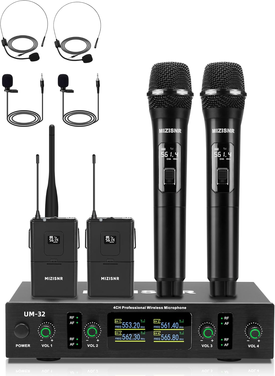Lapel Wireless Microphone System with Headset & Lavalier Mics, 4 Channel UHF Metal Receiver with 2 Handheld Microphones & 2 Bodypacks, 300ft Range for Singing, Church, Karaoke, Wedding