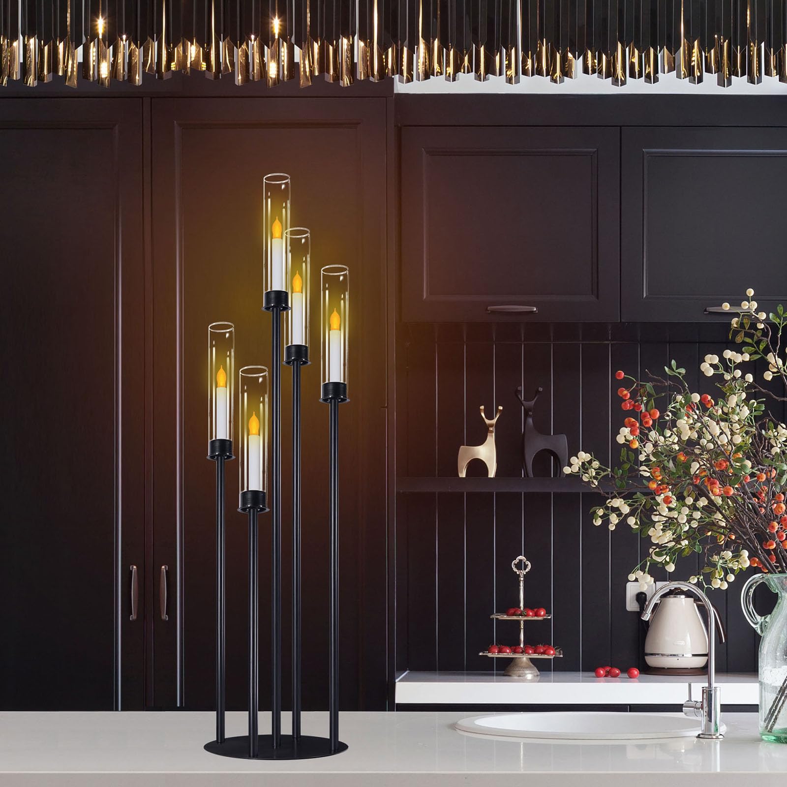 Candelabro nero con cilindri di vetro per candele vere a 5 teste, in metallo, centrotavola per matrimoni, cerimonie, ricevimenti, eventi, feste, decorazione per la casa (1, L)