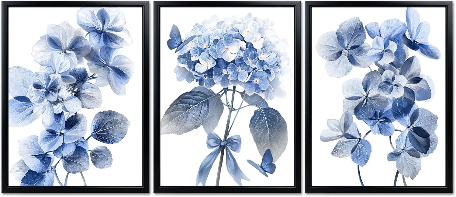 RyounoArt Blue Flower Wall Art Navy Blue Hydrangea Pictures Modern Floral Butterflies Paintings for Bathroom Decor with Black Frames 12 * 16 inch *3pcs