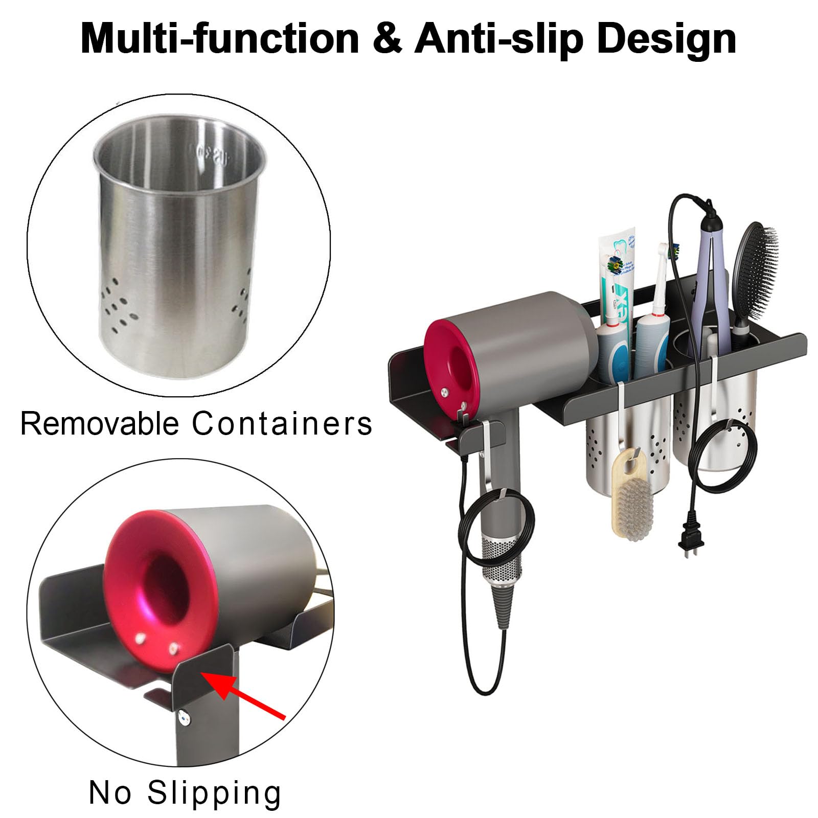 junyuan Hair Dryer Holder Wall Mount, Hair Tool and Styling Organizer,2 Tiers Bathroom Organizers for Dyson Supersonic Hair Dryer,Blow Dryer Holder (1 Hair Dryer Holder+1 Bathroom Shelf, Black)