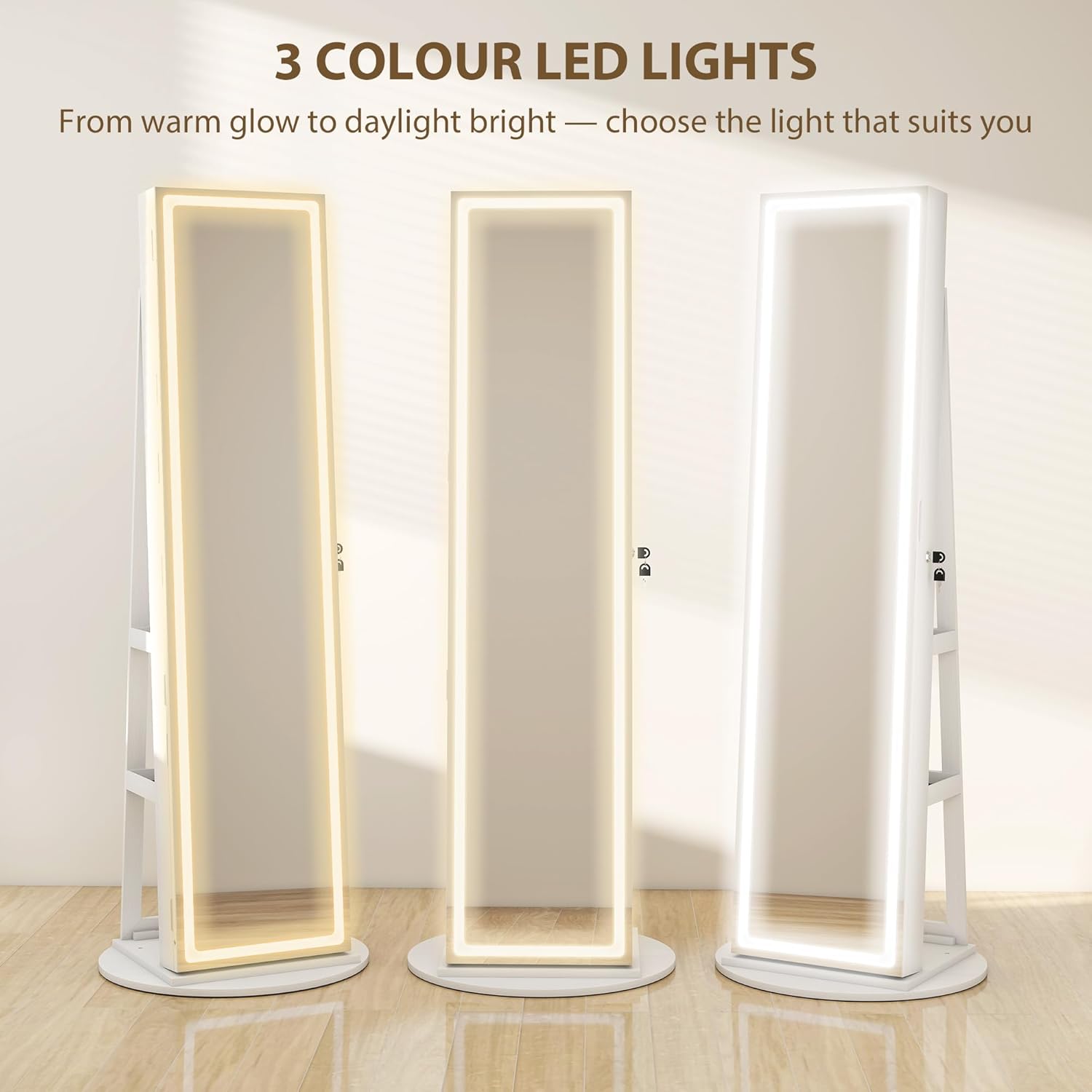 The HOMCOM Jewellery Cabinet's LED lights demonstrating three color modes: warm glow, natural light, and daylight bright.