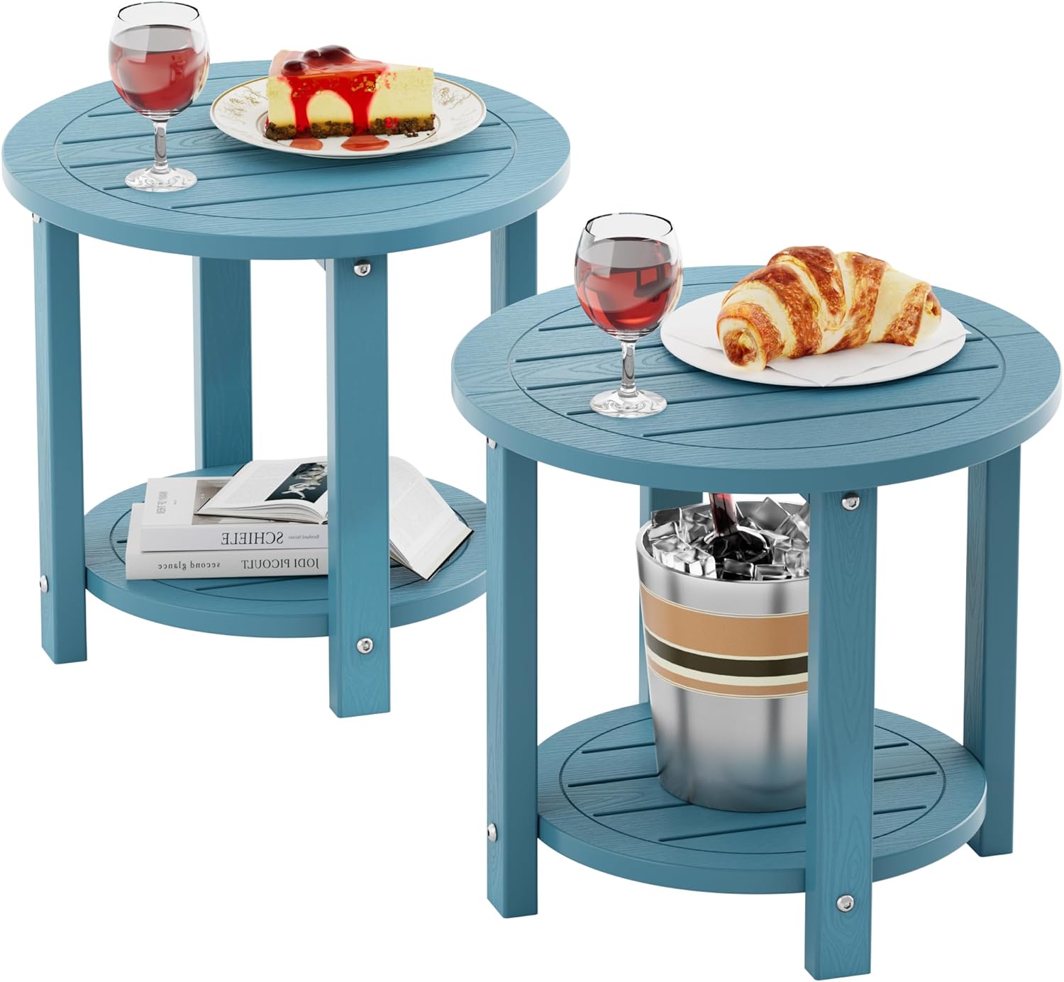 YEFU Outdoor Side Table for Patio: 16in HIPS Small Round Outdoor End Table - 2-Tier Adirondack Tables for Porch Patio Yard Poolside Living Room Beach Bedroom (Blue, 2 Pack)