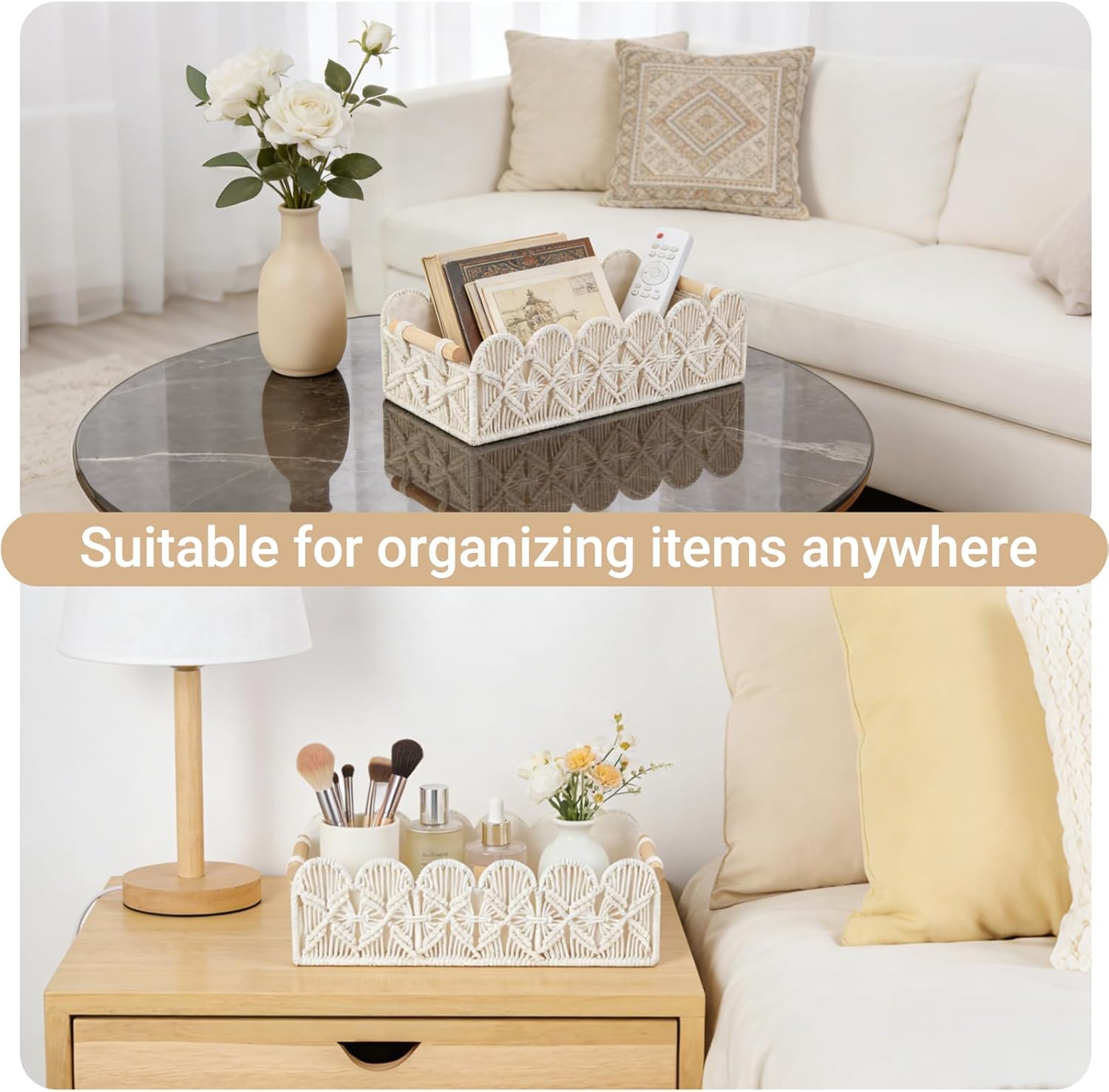 Mkono Macrame Storage Basket, Scalloped Edge Toilet Paper Basket Boho Woven Decor, Small Countertop Organizer with Handles for Shelf, Living Room, Bedroom, Home,Office, Set of 2, Ivory