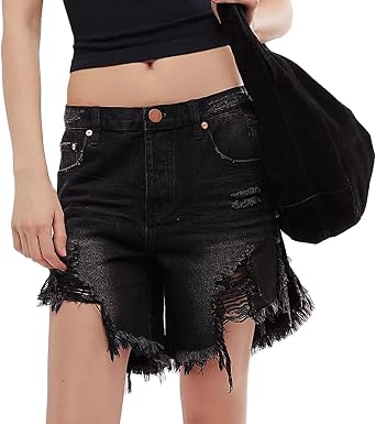 Pivanzore Women Cut Off Denim Shorts Low Waisted Frayed Raw Hem Ripped Distressed Baggy Jeans Shorts Casual Wide Leg Shorts