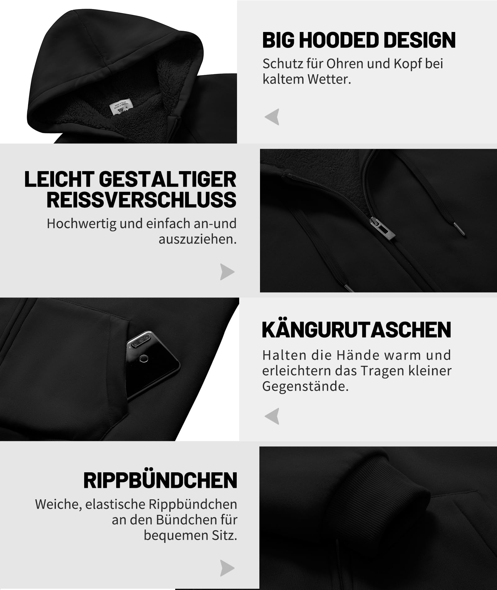 JACKETOWN Herren Kapuzenpullover Sweatshirt Reißverschluss Sweatjacke Gefüttert Hoodie Warm Fleece Winterjacke Teddyfutter Fleecejacke mit Kapuze