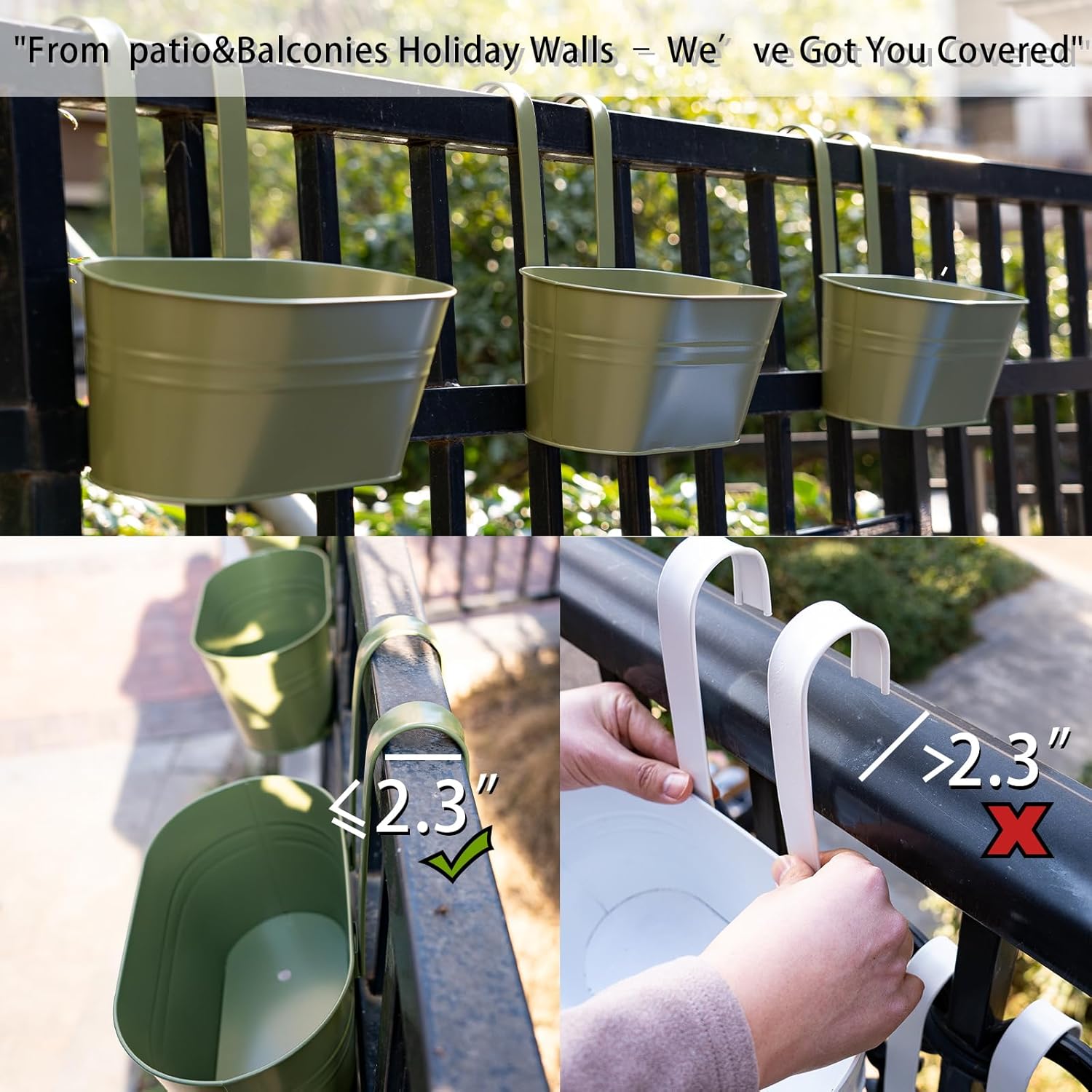 5 Pack Metal Hanging Flower Pots for Railing Fence，Outdoor Balcony Rail Planter with Garden Tools Detachable Hooks Drainage Holes for Deck Garden Home Decor Green