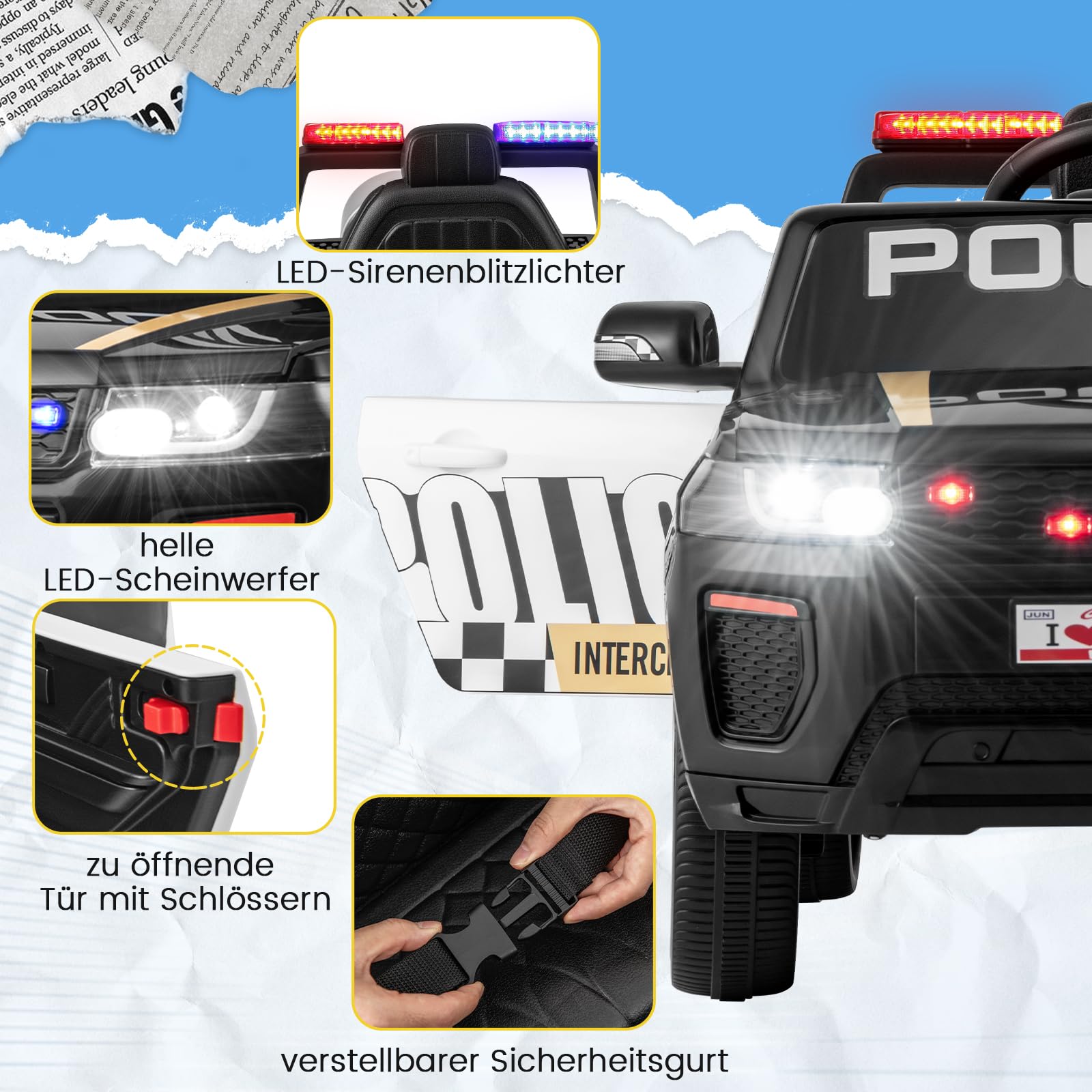 COSTWAY Elektryczny samochód policyjny 12 V, elektryczny samochód dziecięcy z pilotem zdalnego sterowania, bezprzewodowym połączeniem, muzyką, klaksonem, syreną i światłem ostrzegawczym, elektryczny