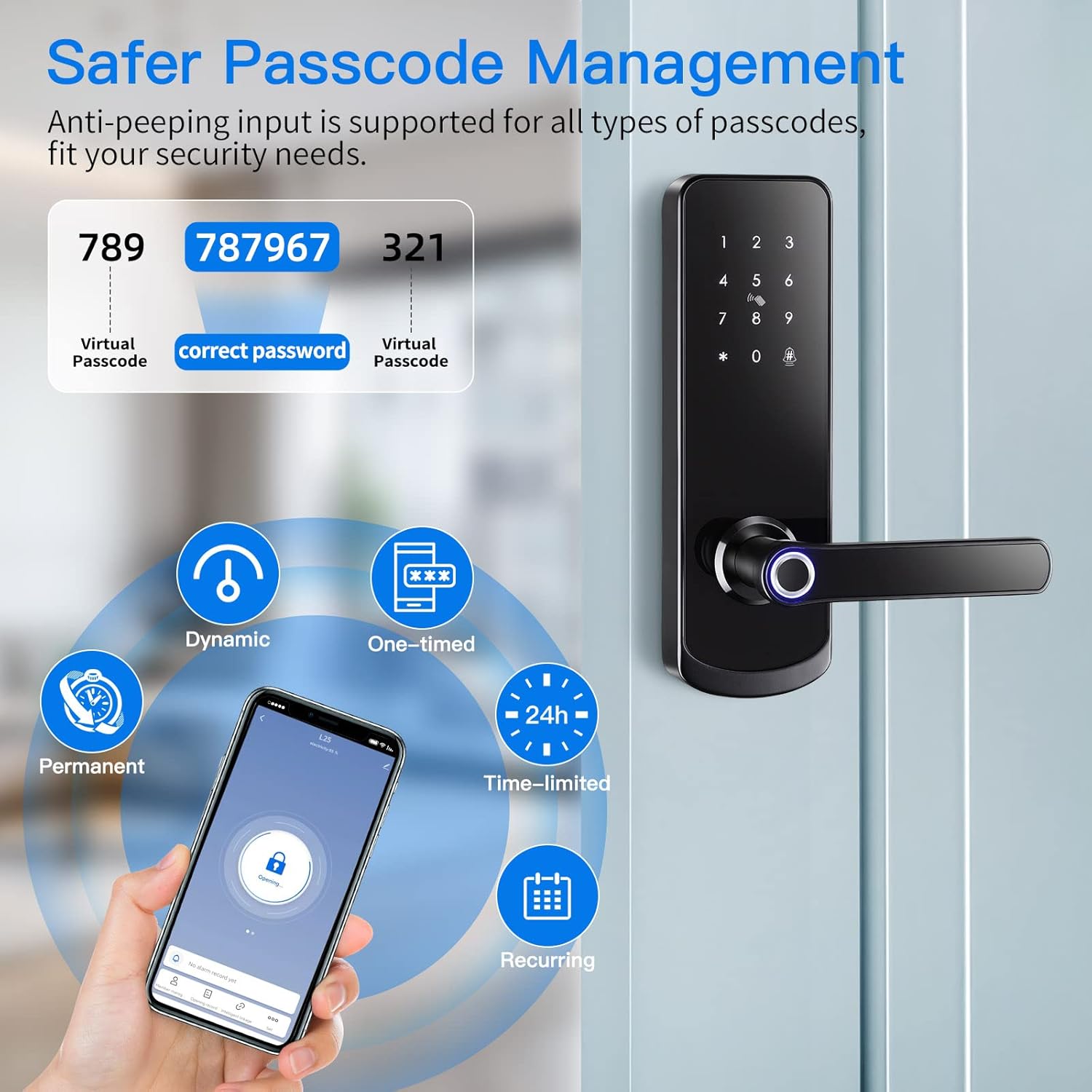 LOQRON L25 Smart Door Lock showing anti-peeping input for passcodes, where extra digits can be entered before or after the correct password.
