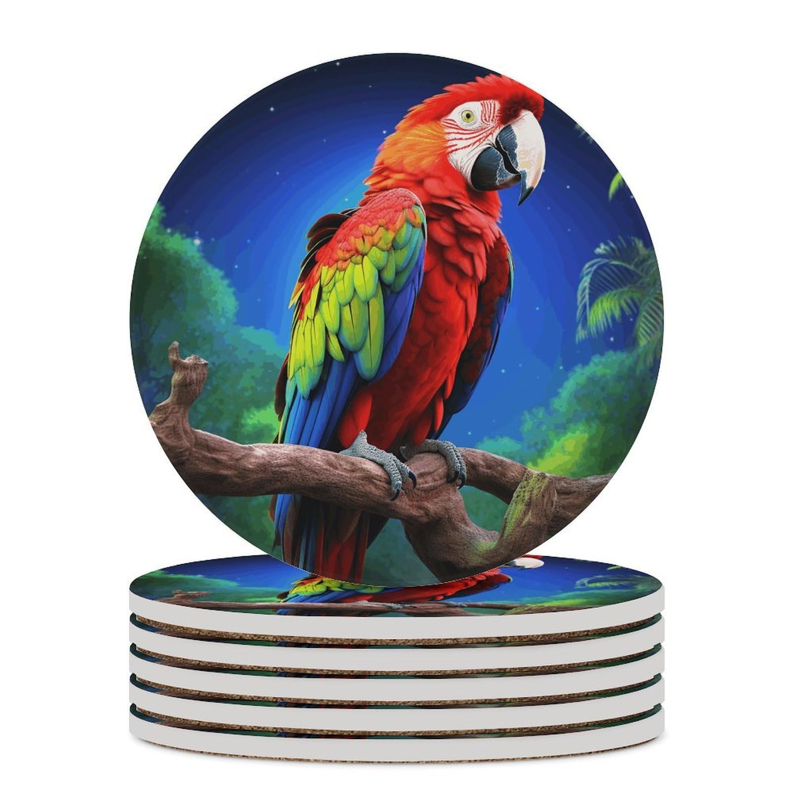 Parrot Coasters for Drinks Absorbing Round Ceramic Stone Coaster with Cork Base Coffee Cup Beverage Table Cup Mat Modern Style Bar Coaster Set for Home Decor