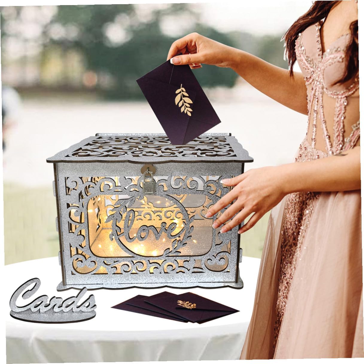 Wooden Hollow Greeting Card Box Envelope Money Storage Box for Wedding Birthday Anniversary Party Decorative Card Holder without Lights