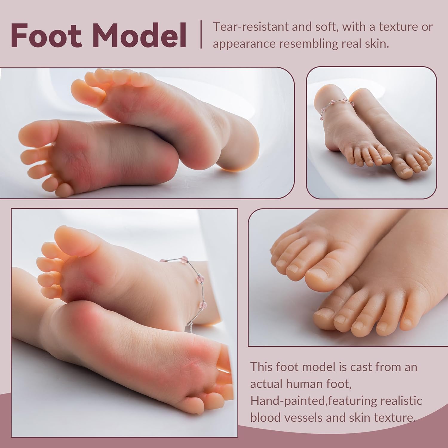 2-Pack Realistic Silicone Foot Models, Life-Size Flexible Mannequin Feet for Nail Practice, Tattoo Training,Jewelry & Shoe Display
