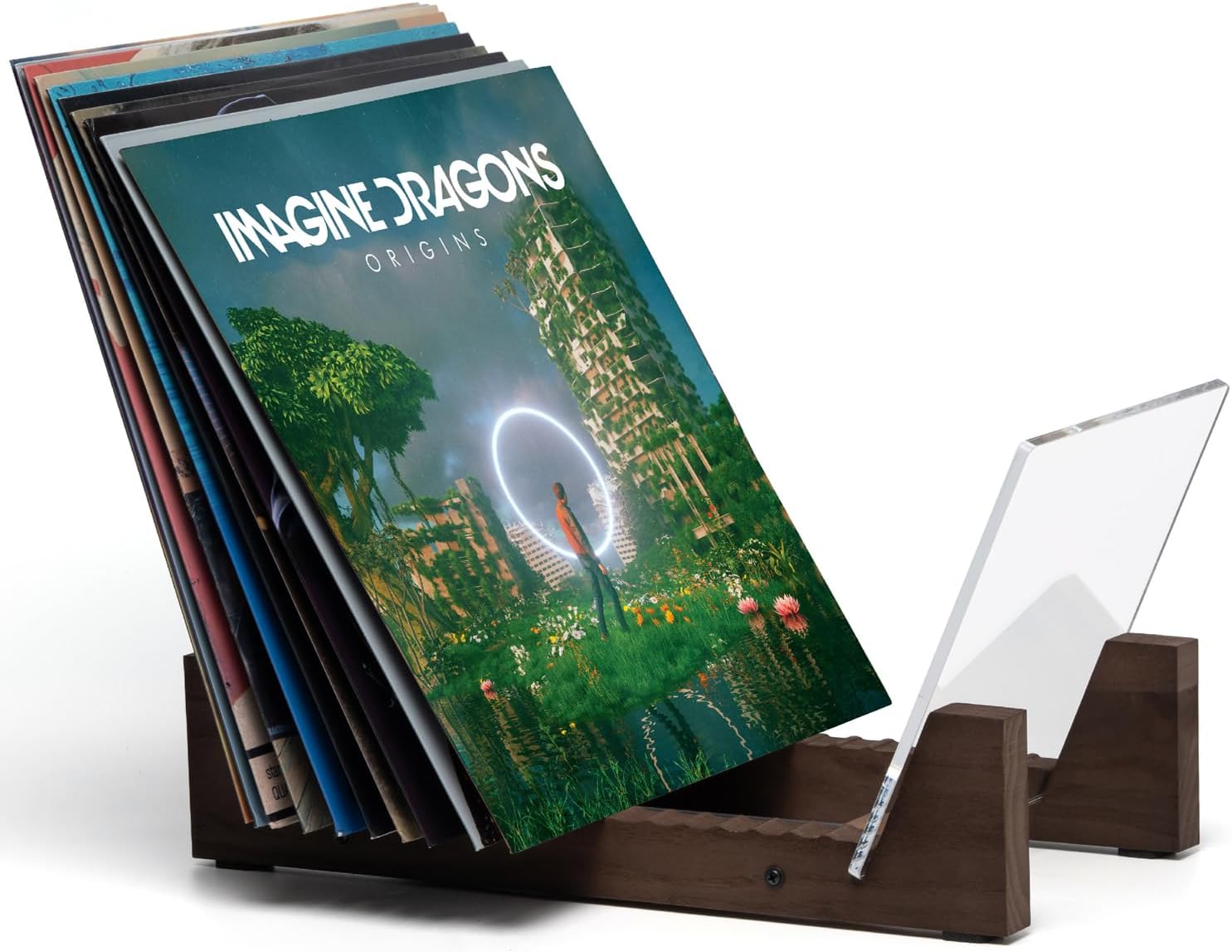 KAIU Vinyl Record Storage - Solid Wood with Crystal Clear Acrylic Holder - Premium Design, Perfect 12" LPs or 7" Singles Display Unit - Stores and Supports up to 50 Albums (Walnut)