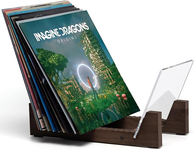 KAIU Vinyl Record Storage - Solid Wood with Crystal Clear Acrylic Holder - Premium Design, Perfect 12" LPs or 7" Singles Display Unit - Stores and Supports up to 50 Albums (Walnut)