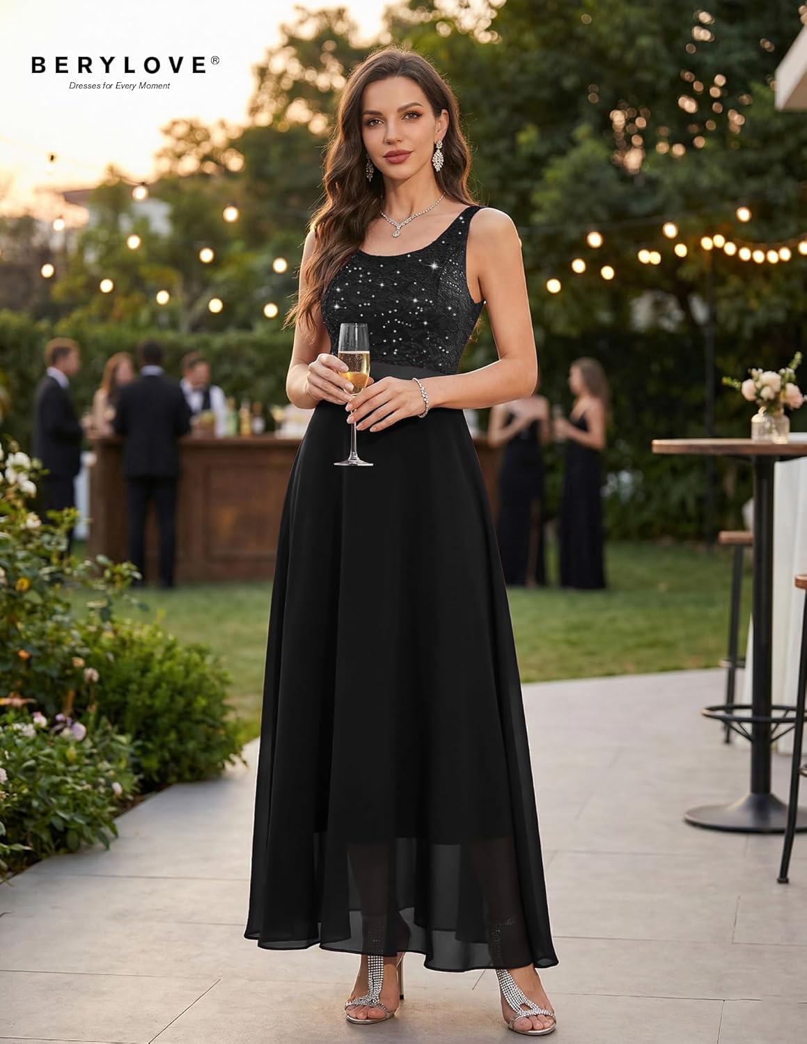 BeryLove Sequin Formal Dress for Woman A Line Lace Prom Dresses Sleeveless Cocktail Maxi Gowns - Image 3